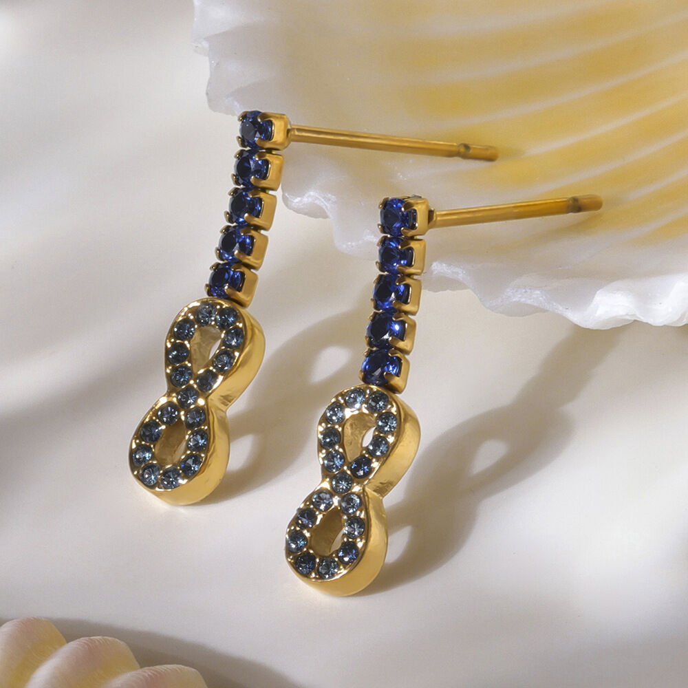 1 Paar luxuriöse, wasserfeste Damen-Ohrstecker aus Edelstahl in Goldfarbe mit Zirkonia in Infinity-Form h5 Bild5