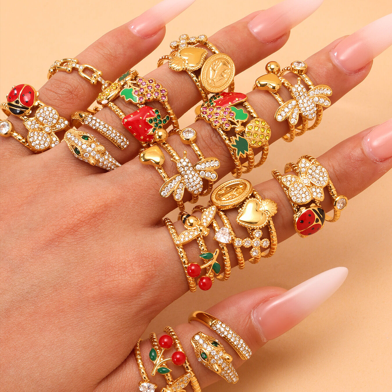 1 Piece Vivid Fruit Stainless Steel Waterproof Gold Color Statement Rings h5Picture3
