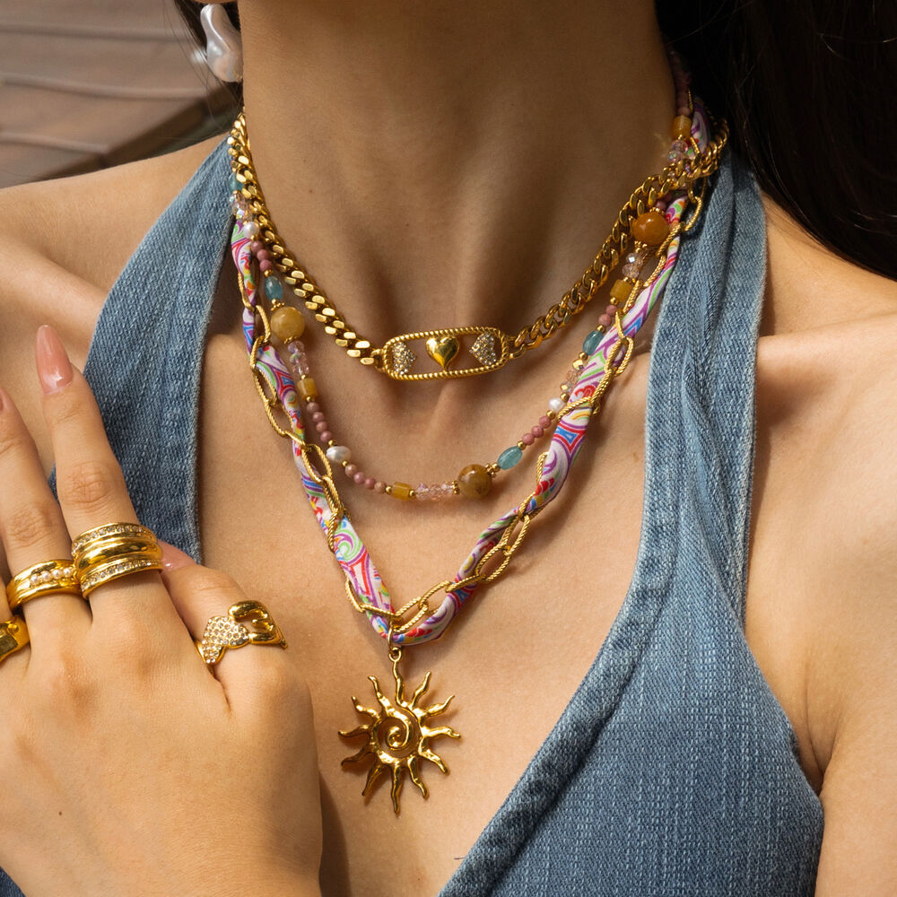 1 Piece Retro Heart Stainless Steel Waterproof Gold Color Fabric Pendant Necklace Picture2
