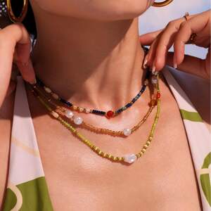 1 collar elegante de cuentas con piedras naturales de color dorado para mujer. h5 Imagen7