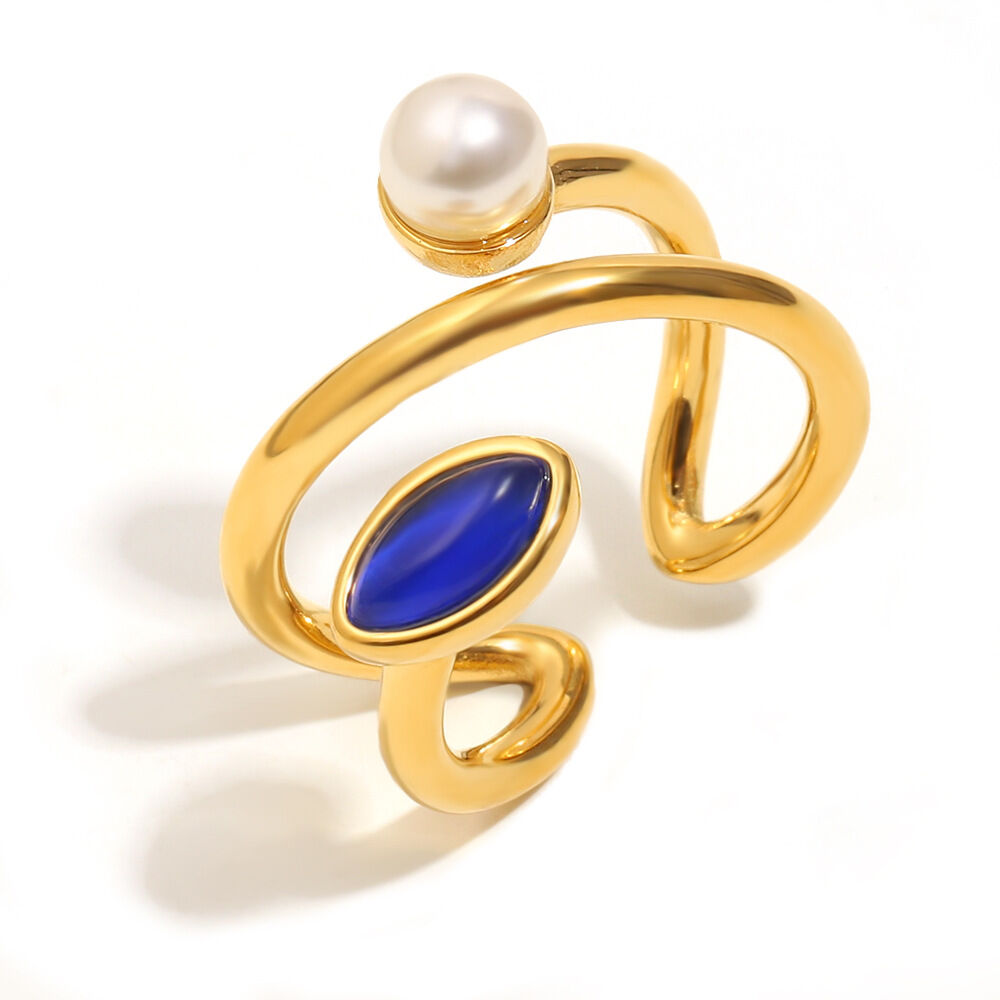 Asymmetrical Imitation Pearl Natural Stone Open Ring - Gold