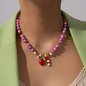 1 Piece Bright-coloured Heart Natural Stones Gold Color Women's Beaded Necklaces h5 Picture5