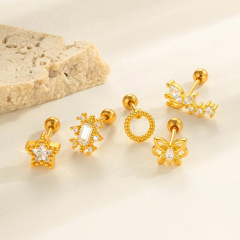1 Adet Geometrik Bakır Altın Renkli Zirkon Kadın Piercing Küpe h5 Resim4