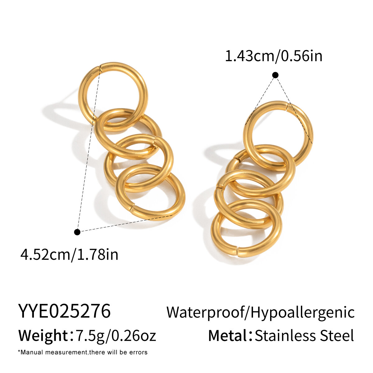 1 Pair Simple Daily Circle Stainless Steel Waterproof Gold Color Women's Stud Earrings