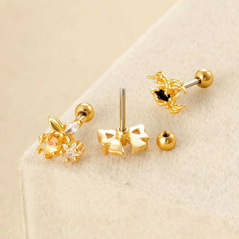 1 Piece Heart Copper Gold Color Zircon Piercing Earring 2