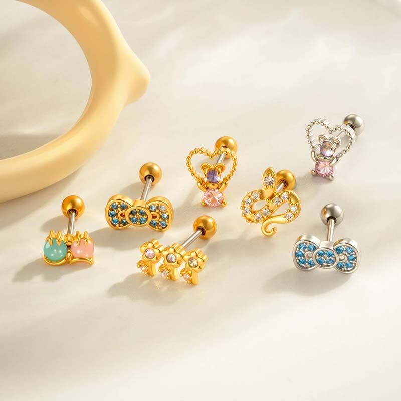Orecchino piercing in zircone color oro e rame con fiocco, 1 pezzo