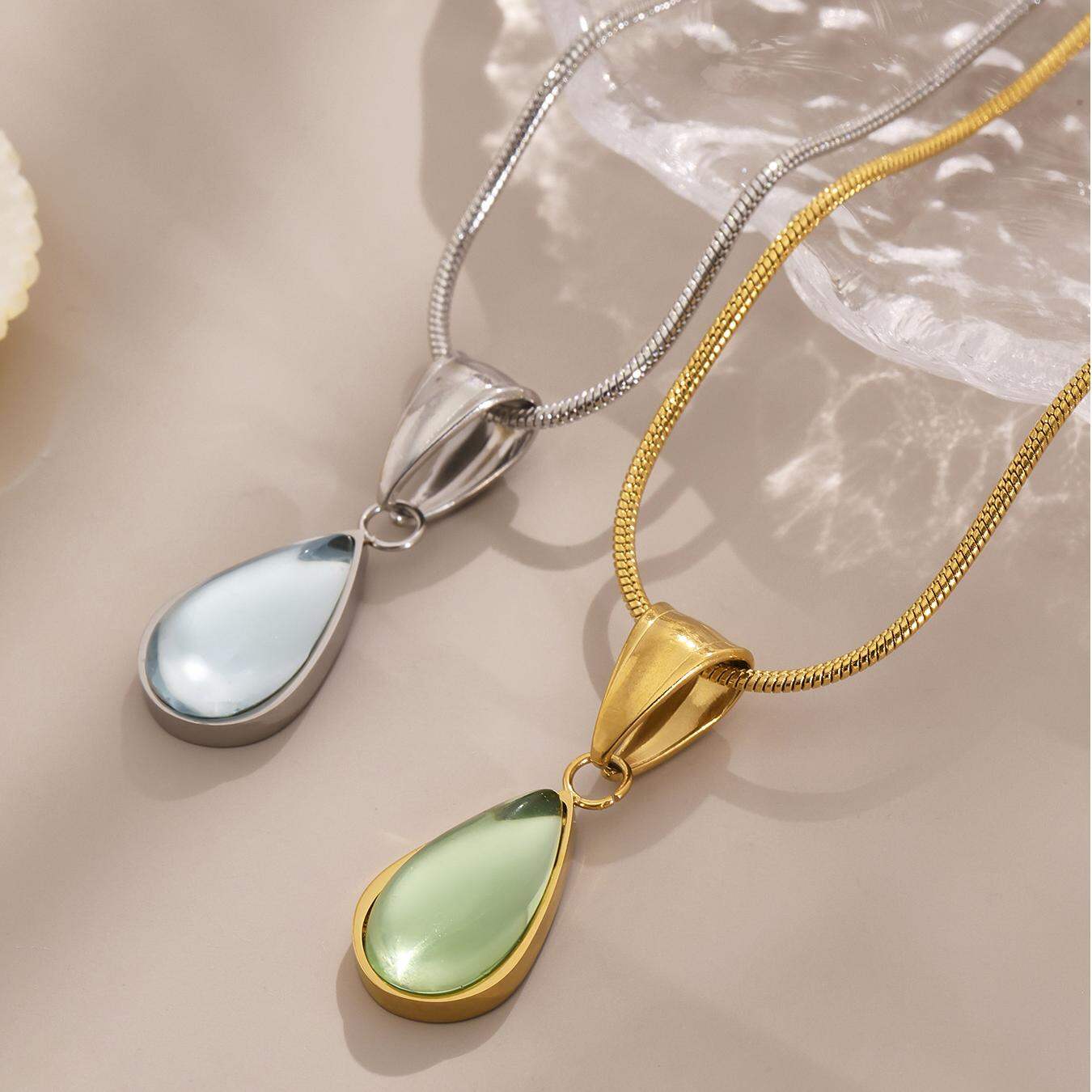 1 Piece Gorgeous Glass Droplet Stainless Steel Waterproof Gold Color Women's Pendant Necklaces 2
