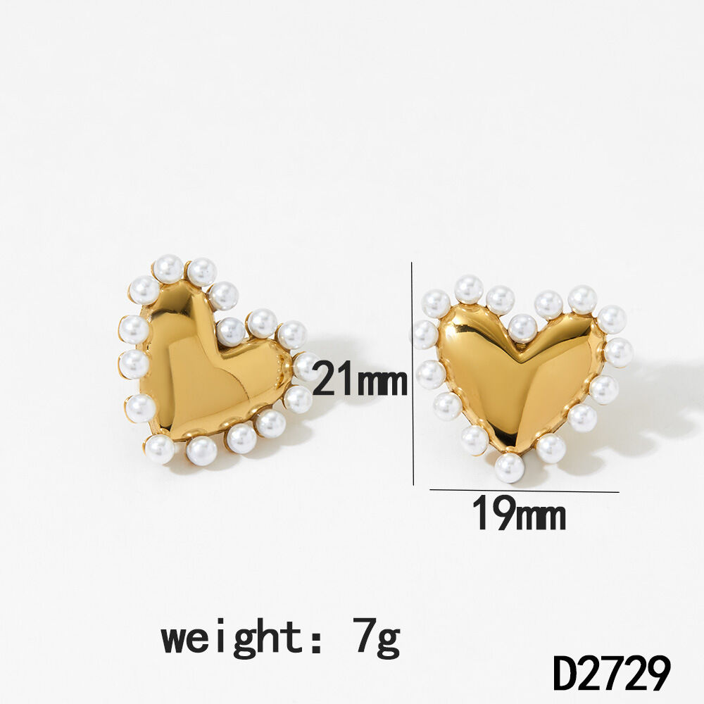 Sweet Heart Stainless Steel Waterproof Gold Color Artificial Pearl Women's Earrings Set 