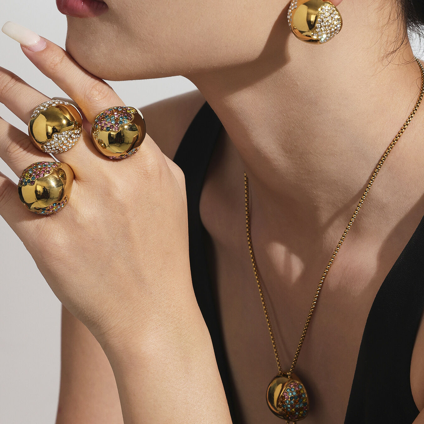 1 Piece Semicircle Stainless Steel Waterproof Gold Color Zircon Women's Jewelry Sets 2