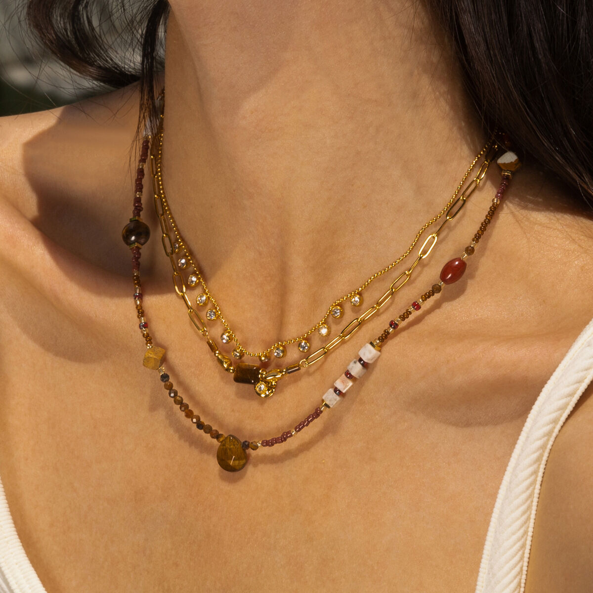 1 Piece Retro Natural Stones Gold Color Beaded Necklace