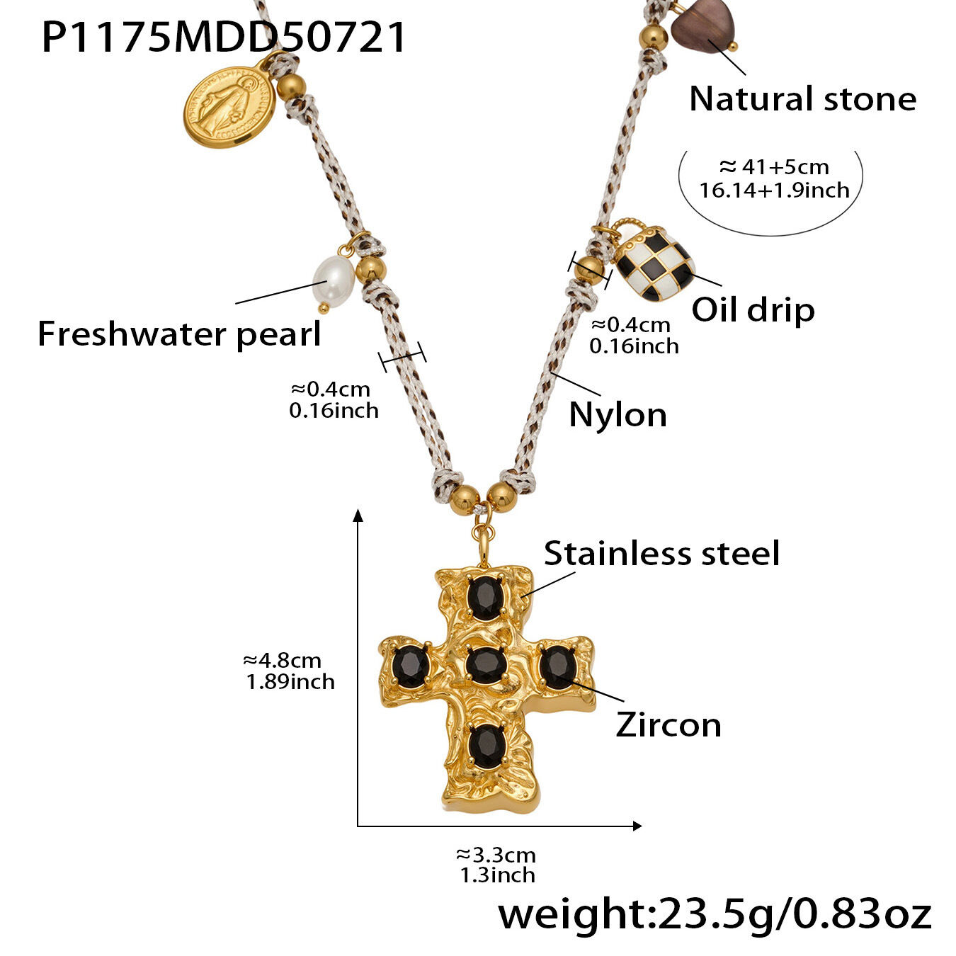Klassische Kreuz-Perlen-Halskette aus Edelstahl, wasserfest, goldfarben, mit Zirkonia-Anhänger für Damen (1 Stück) 