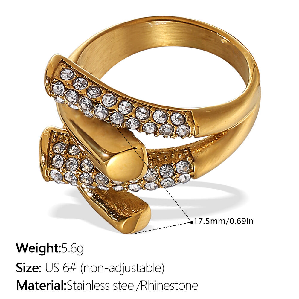 Anello con pietre preziose color oro con strass, in acciaio inossidabile, di forma irregolare, impermeabile, 1 pezzo 