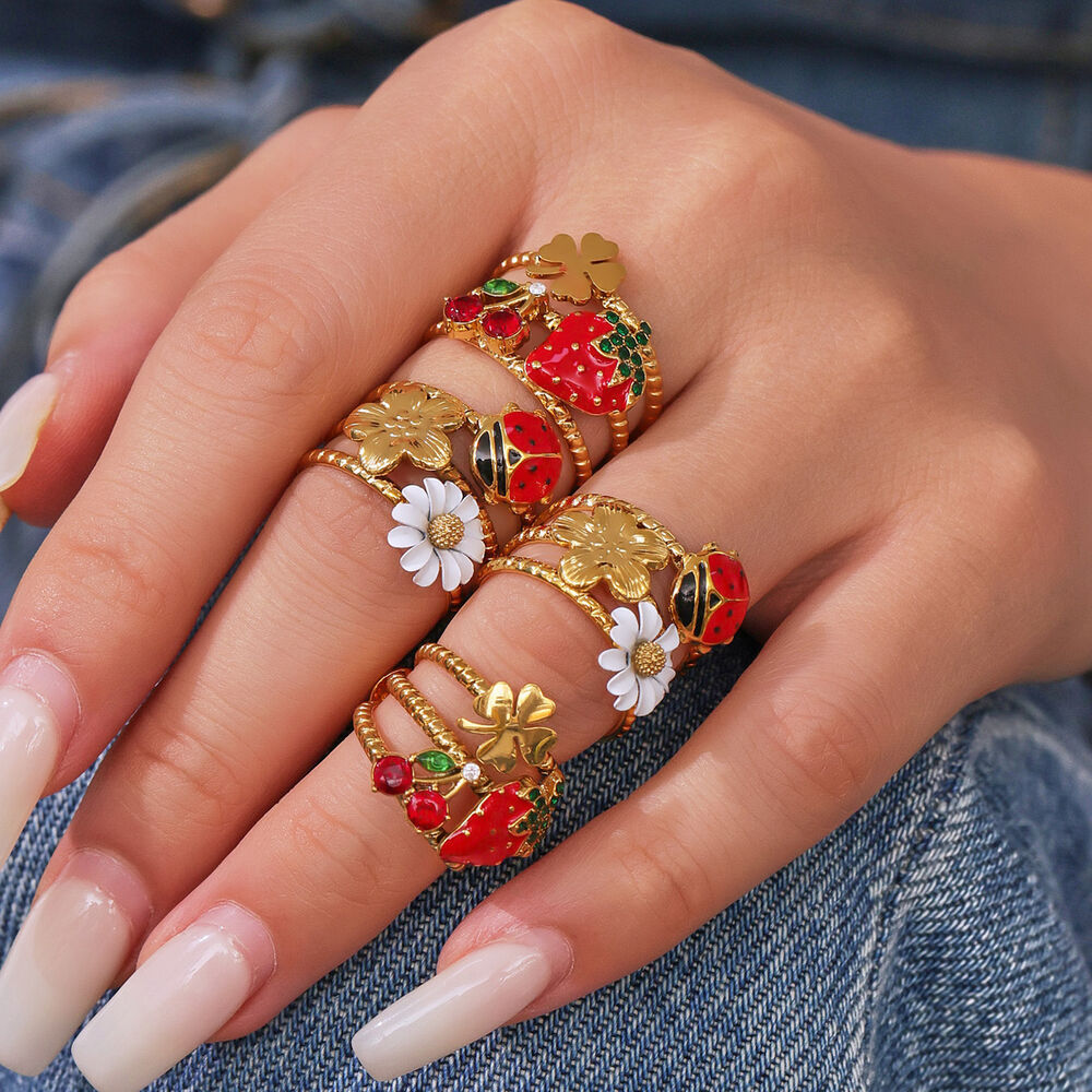 1 Piece Vivid Insect Stainless Steel Waterproof Gold Color Zircon Statement Rings h5Picture4