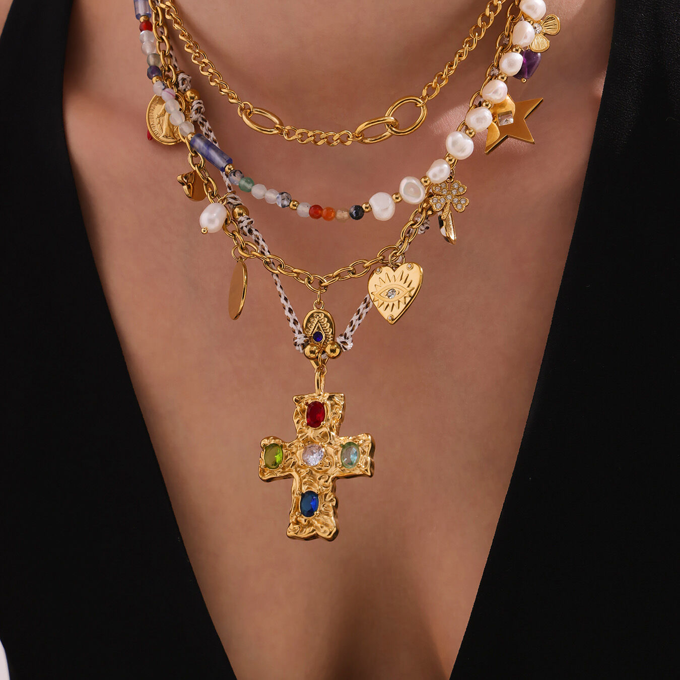 Klassische Kreuz-Perlen-Halskette aus Edelstahl, wasserfest, goldfarben, mit Zirkonia-Anhänger für Damen (1 Stück) h5 Bild3
