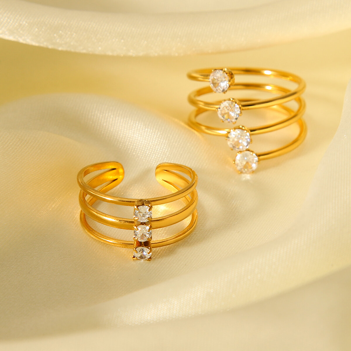 1 Piece Simple Three Layers Stainless Steel Waterproof   Gold Color  Zircon Statement Rings h5 Picture8