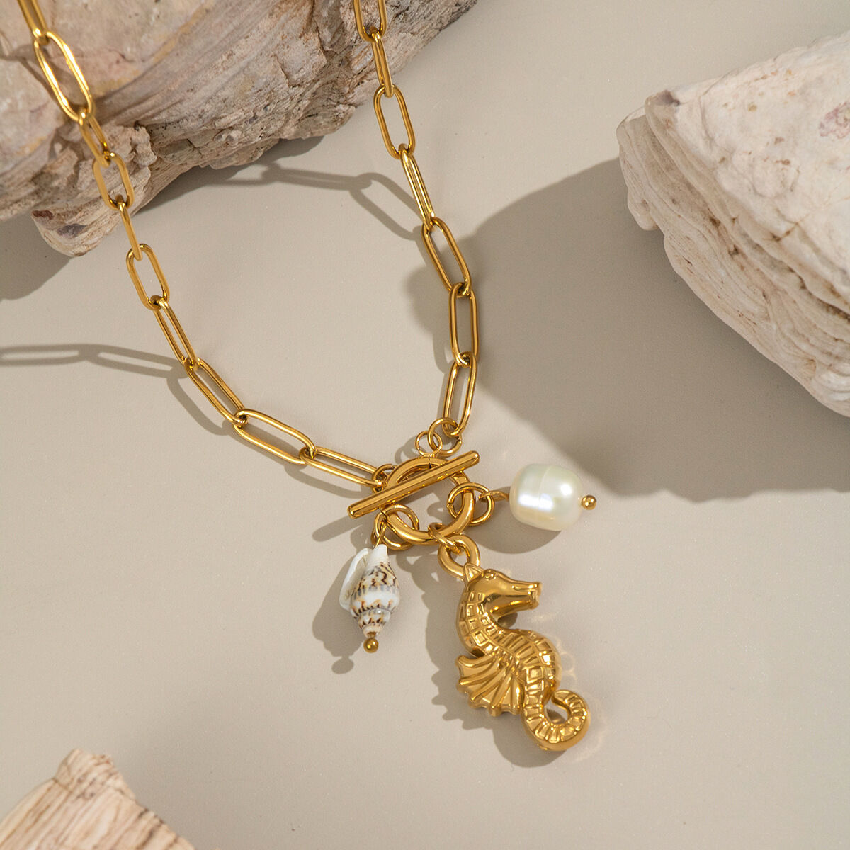 1 Piece Sea Horse Stainless Steel Waterproof Gold Color Pendant Necklace