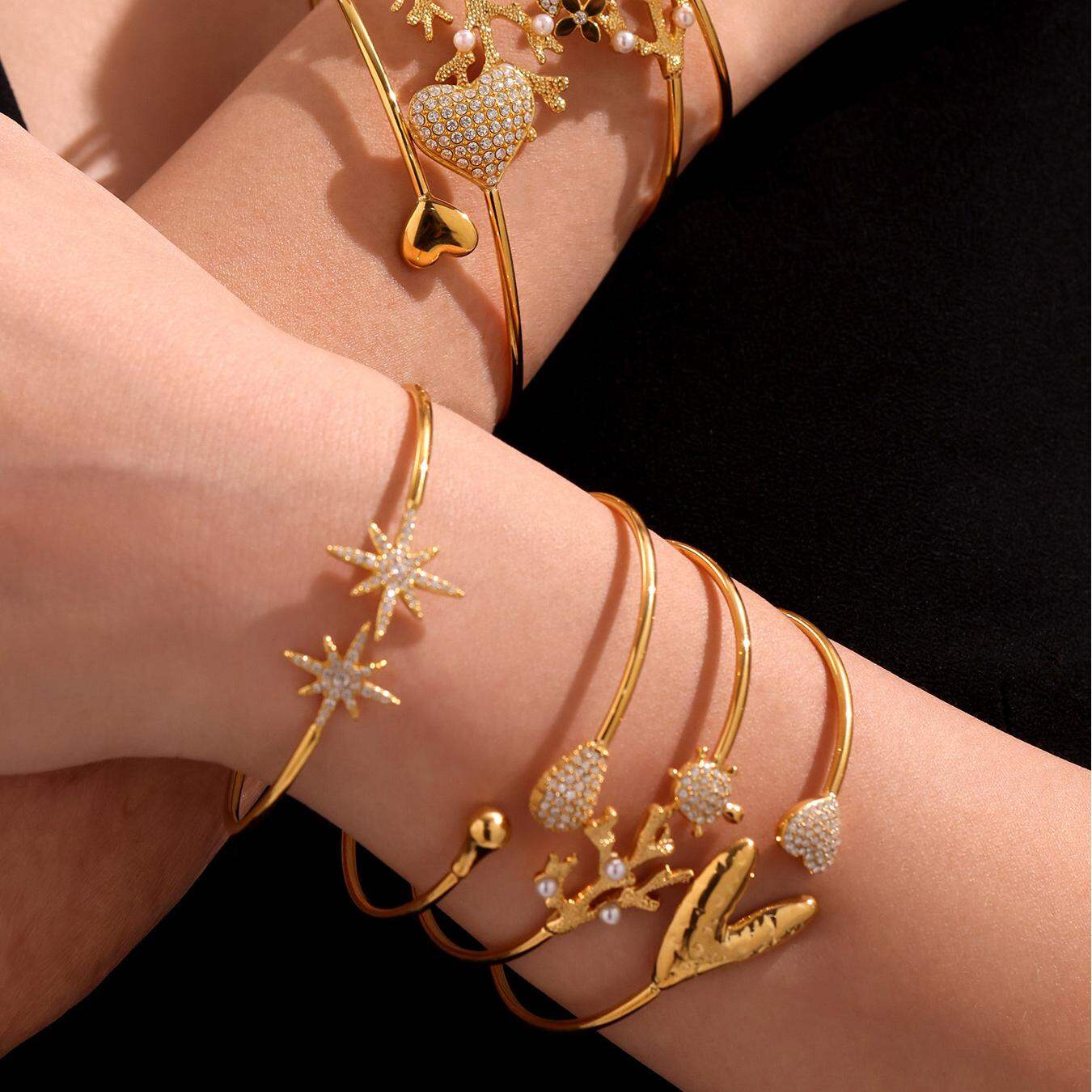 1 Piece Vacation Coral Stainless Steel Waterproof Gold Color Women's Bangles h5 Picture6