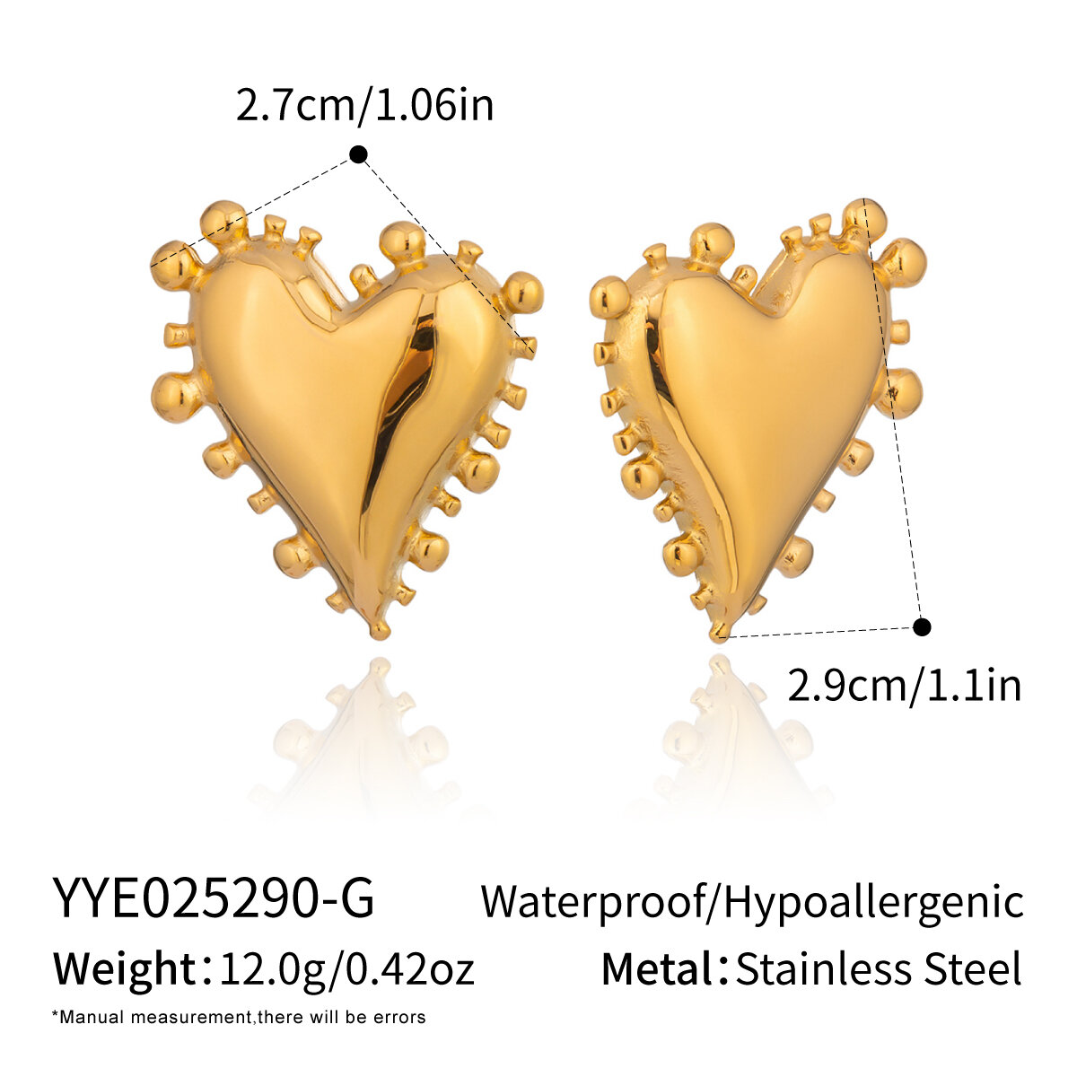 1 Paar romantische, elegante Herz-Ohrstecker aus wasserfestem Edelstahl in Goldfarbe für Damen 