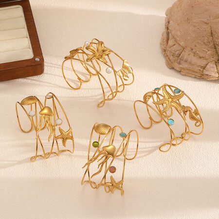 1 Piece Ins Style Oceanic Stainless Steel Waterproof Gold Color Cuff Bracelet