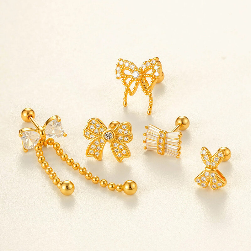 1 Piece Bow Knot Copper Gold Color Zircon Piercing Earring