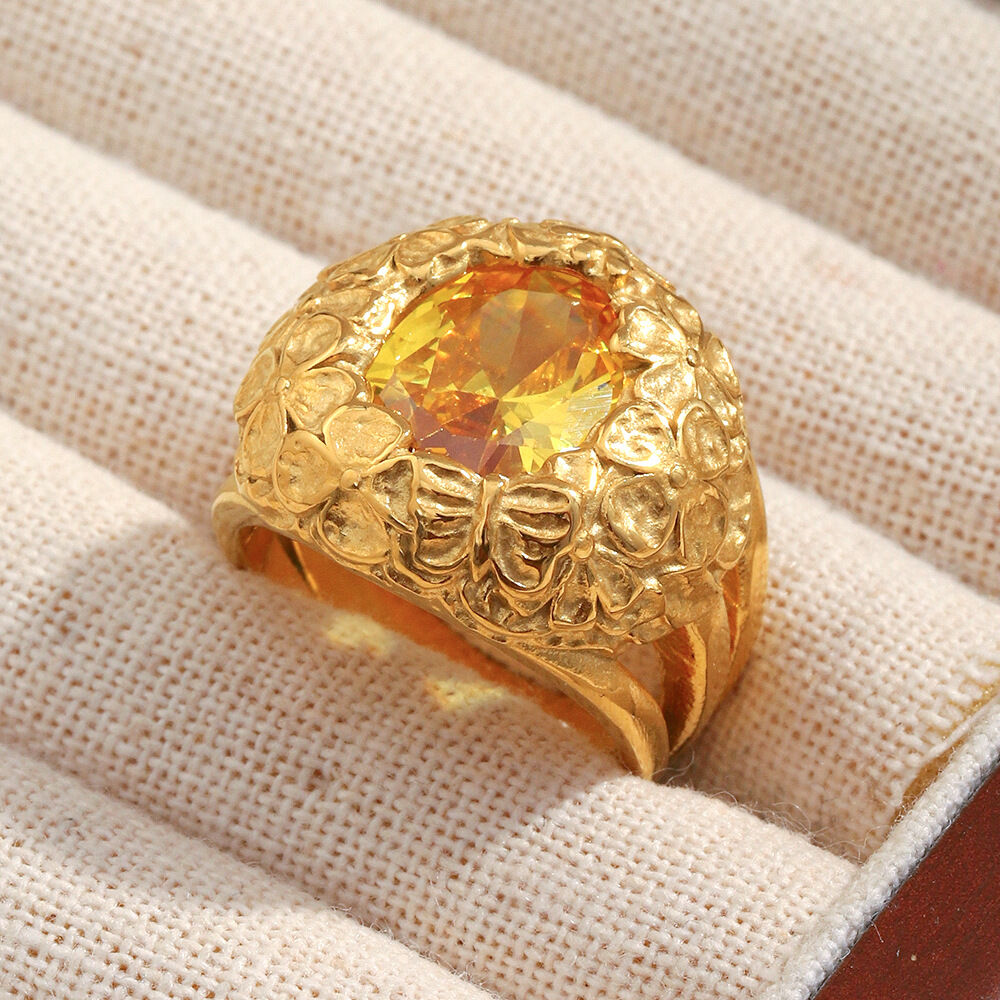 1 Piece Luxurious Retro Flower Stainless Steel Waterproof Gold Color Statement Ring 2