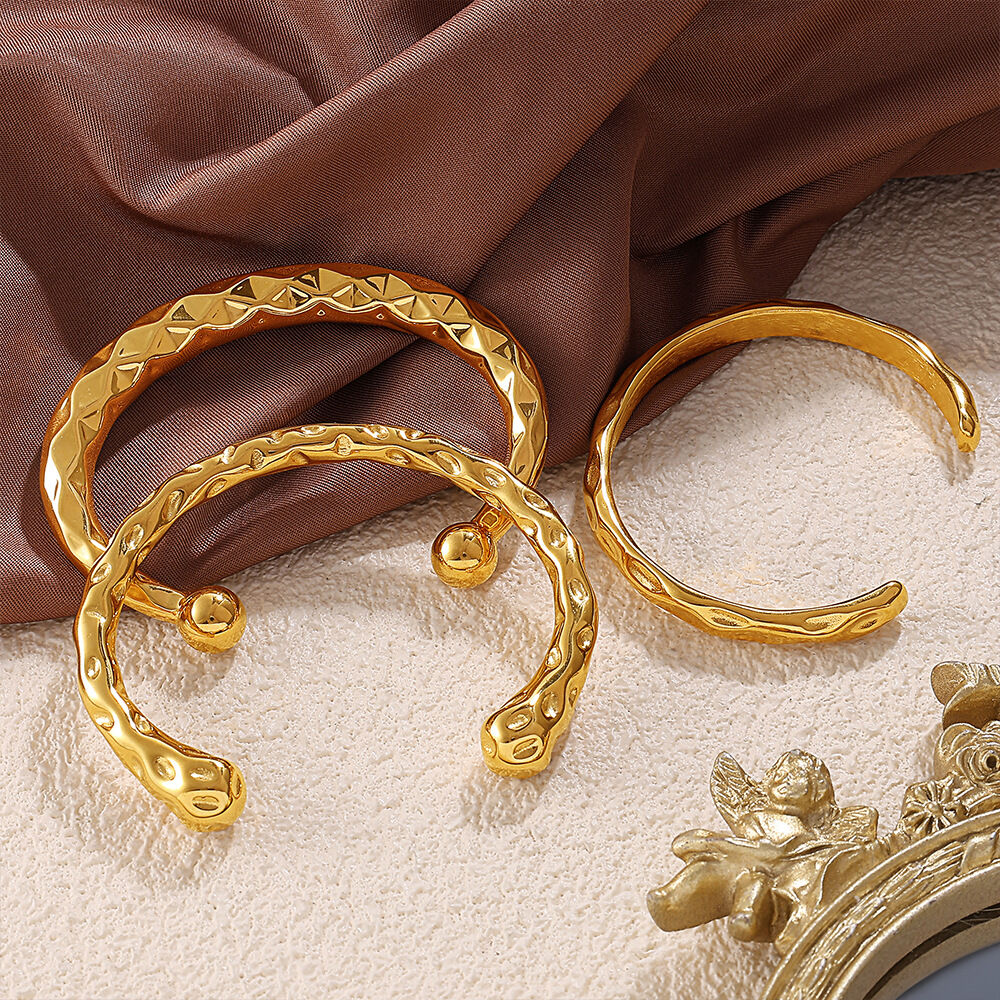 1 Piece Plaid Stainless Steel Waterproof Gold Color Cuff Bangle 2
