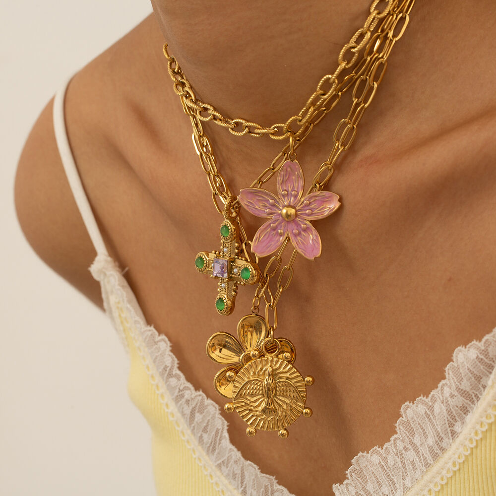 Collier pendentif femme en acier inoxydable doré, motif floral romantique (1 pièce) h5Image2
