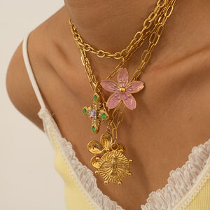 Collier pendentif femme en acier inoxydable doré, motif floral romantique (1 pièce) h5 Image2