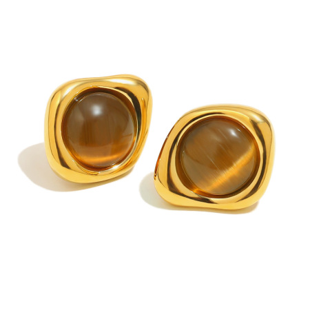 1 par de pendientes clásicos anulares de piedra natural de acero inoxidable, resistentes al agua, color dorado, para mujer