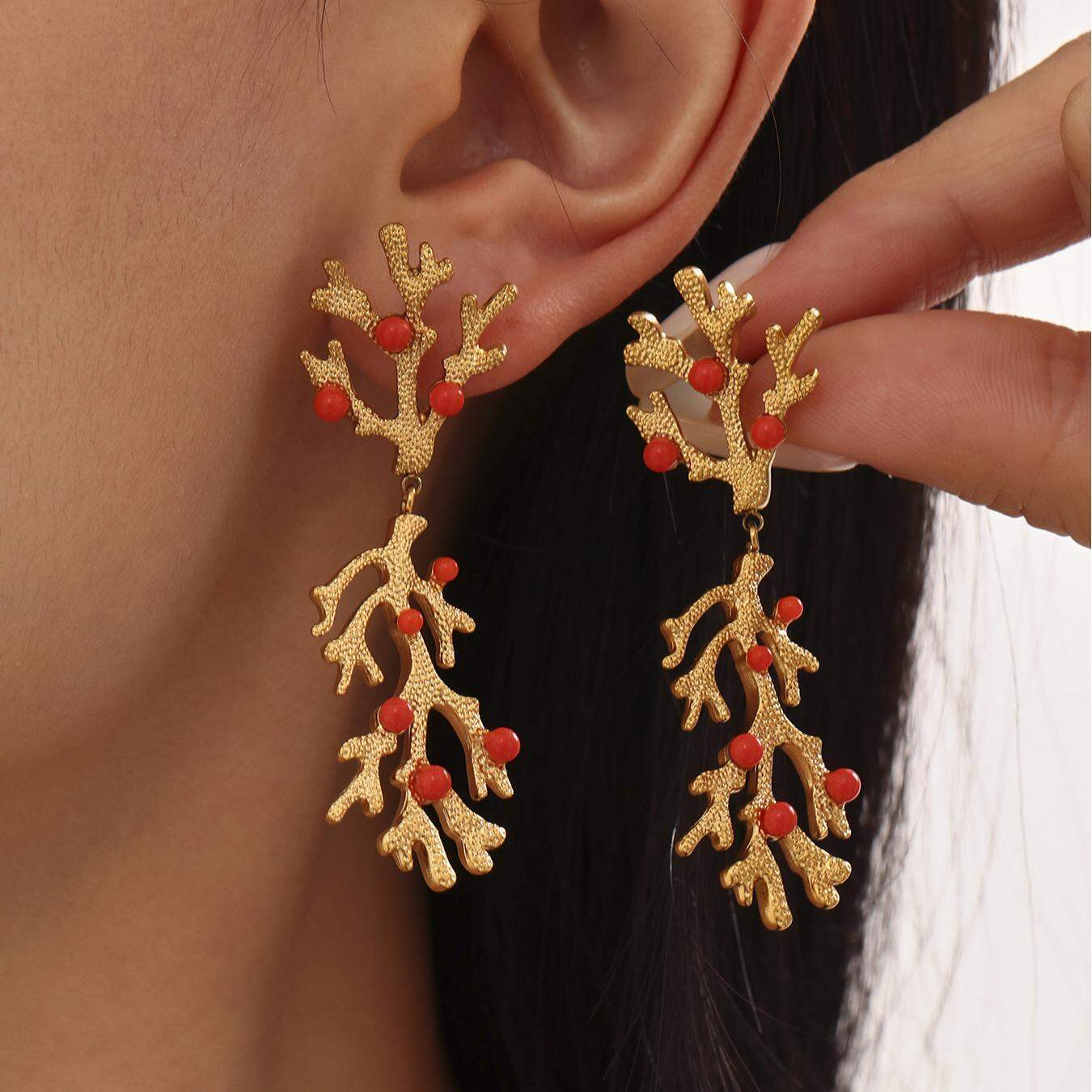 1 Pair Luxurious Series Coral Stainless Steel Waterproof Gold Color Women's Drop Earrings