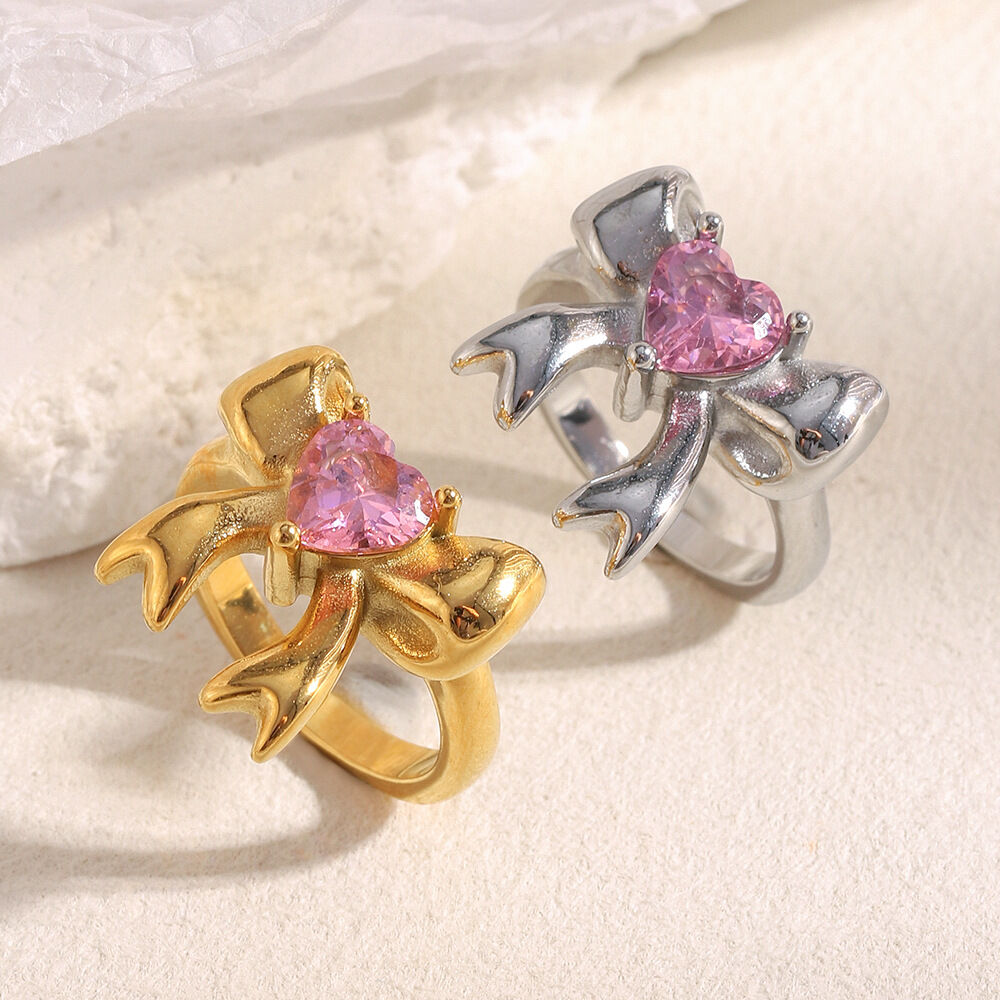 1 pezzo semplice serie carino fiocco nodo acciaio inossidabile impermeabile zircone anelli da donna con pietre preziose Immagine3