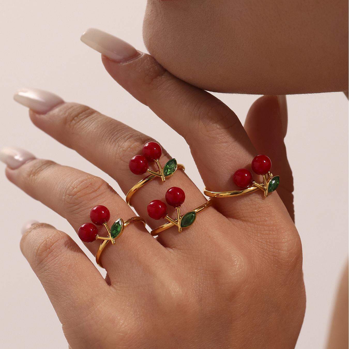 1 stuk romantische kersenkleurige, waterdichte, roestvrijstalen statement ring in goudkleur Afbeelding5