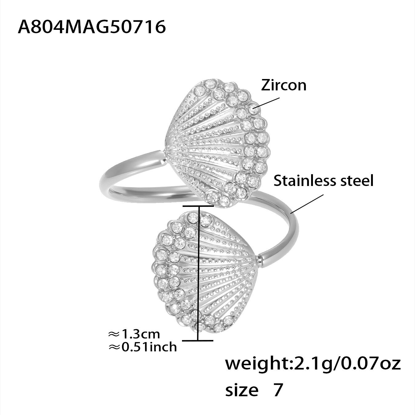 A804-Steel Color 5A Zircon Double Shell Ring-Size 7/No.7 Picture4