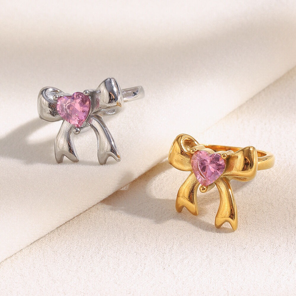 1 pezzo semplice serie carino fiocco nodo acciaio inossidabile impermeabile zircone anelli da donna con pietre preziose h5 Immagine4