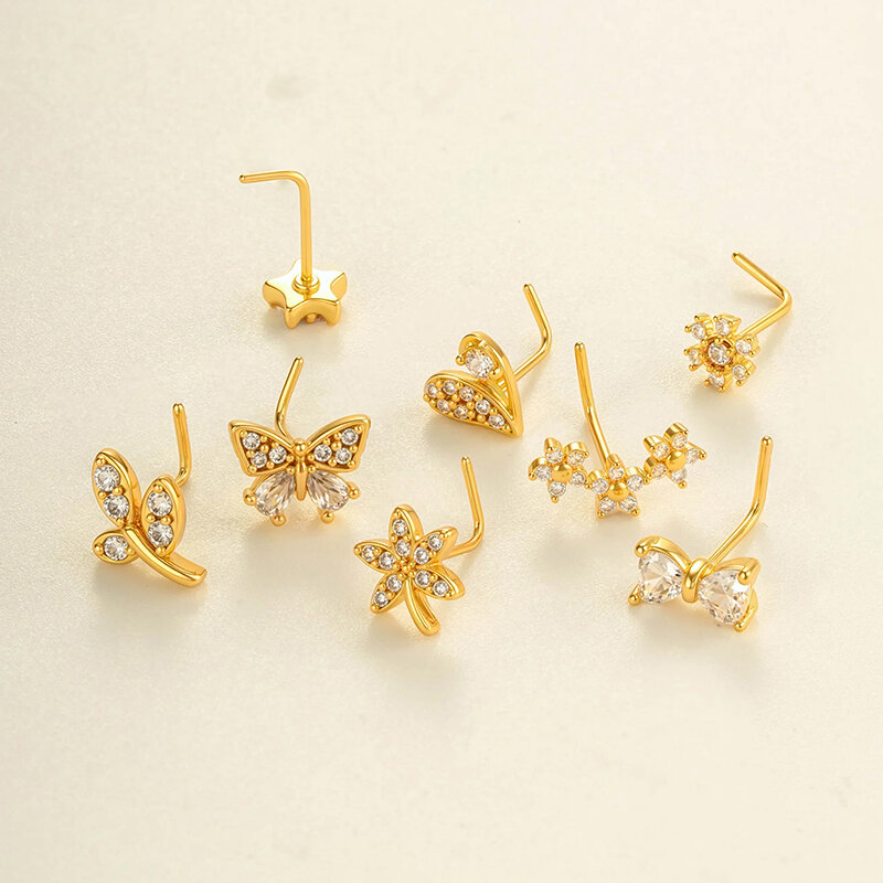 1 Piece Heart Copper Gold Color  Zircon Nose Stud