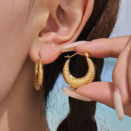 1 Pair Simple Honeycomb Print Stainless Steel Waterproof Gold Color Women's Hoop Earrings