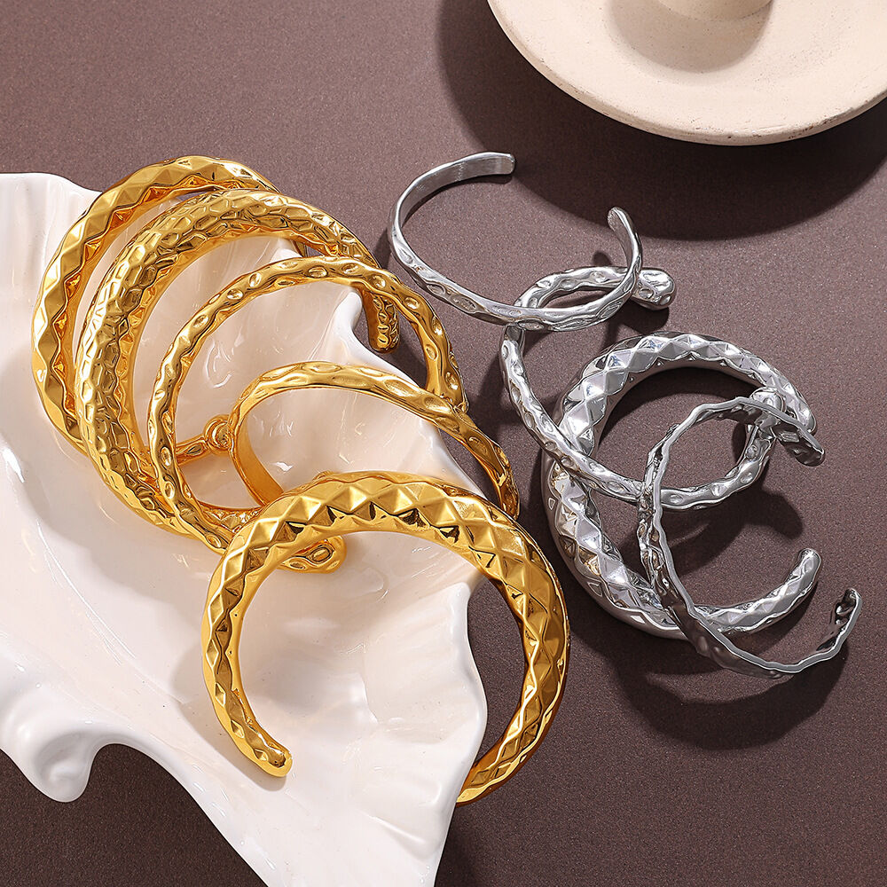 1 Piece Plaid Stainless Steel Waterproof Gold Color Cuff Bangle