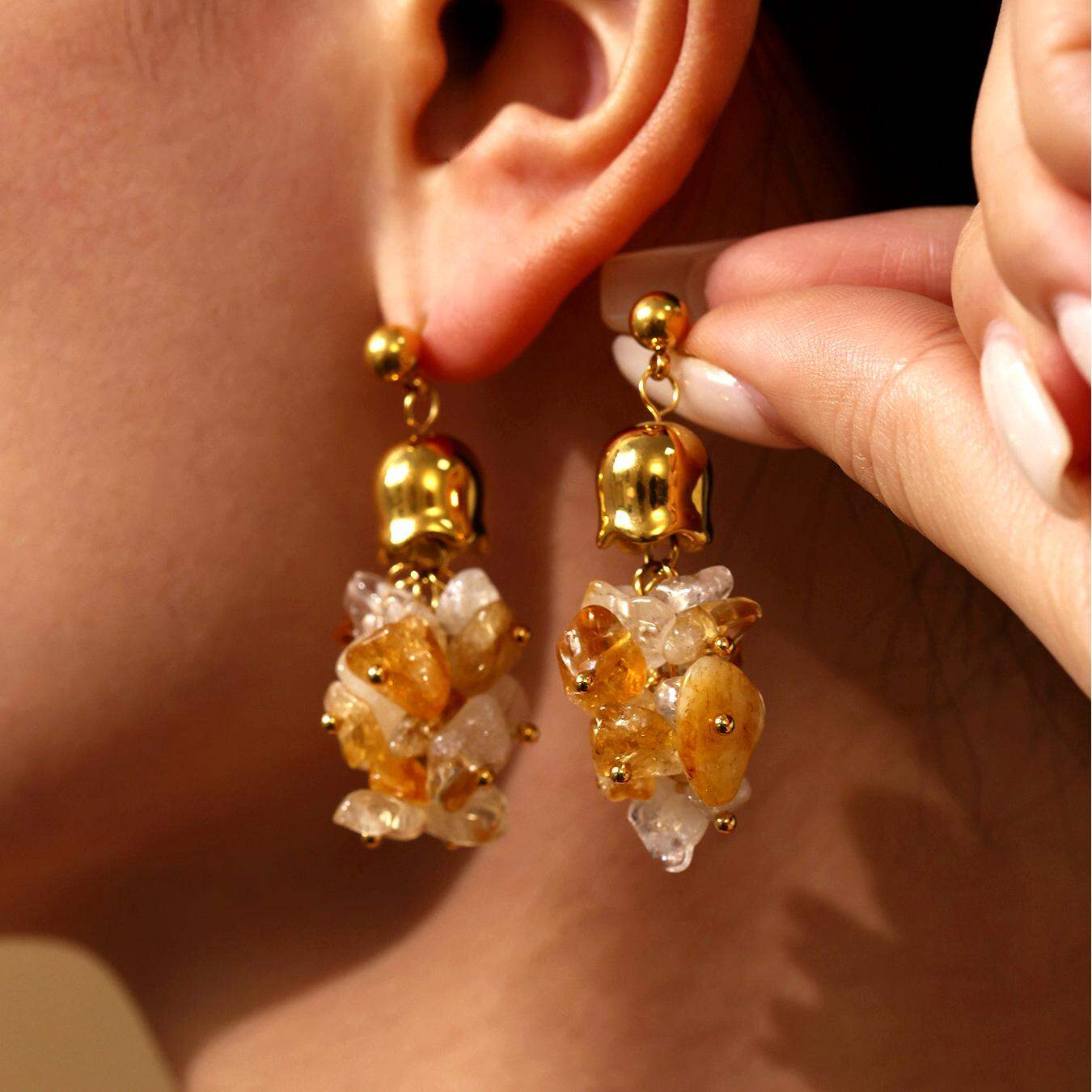 1 Pair Natural Stone Tassel Stainless Steel Waterproof Gold Color Women's Beads Earrings