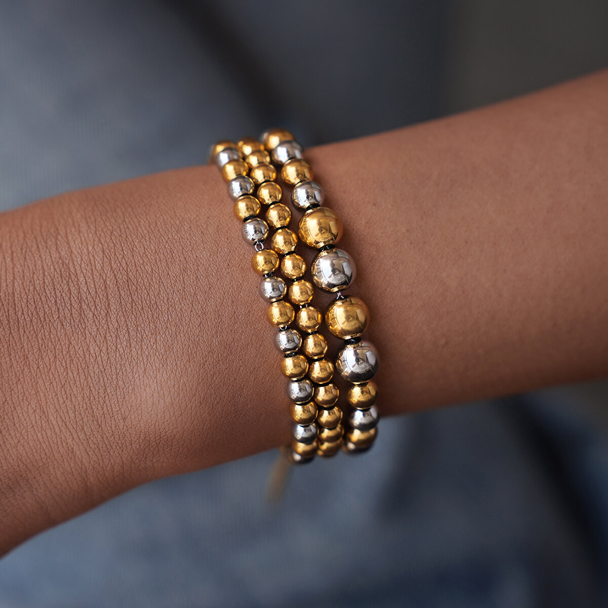 1 Piece Casual Mixed Gold Color And Silver Colors Stainless Steel Waterproof Beaded Bracelets Picture8