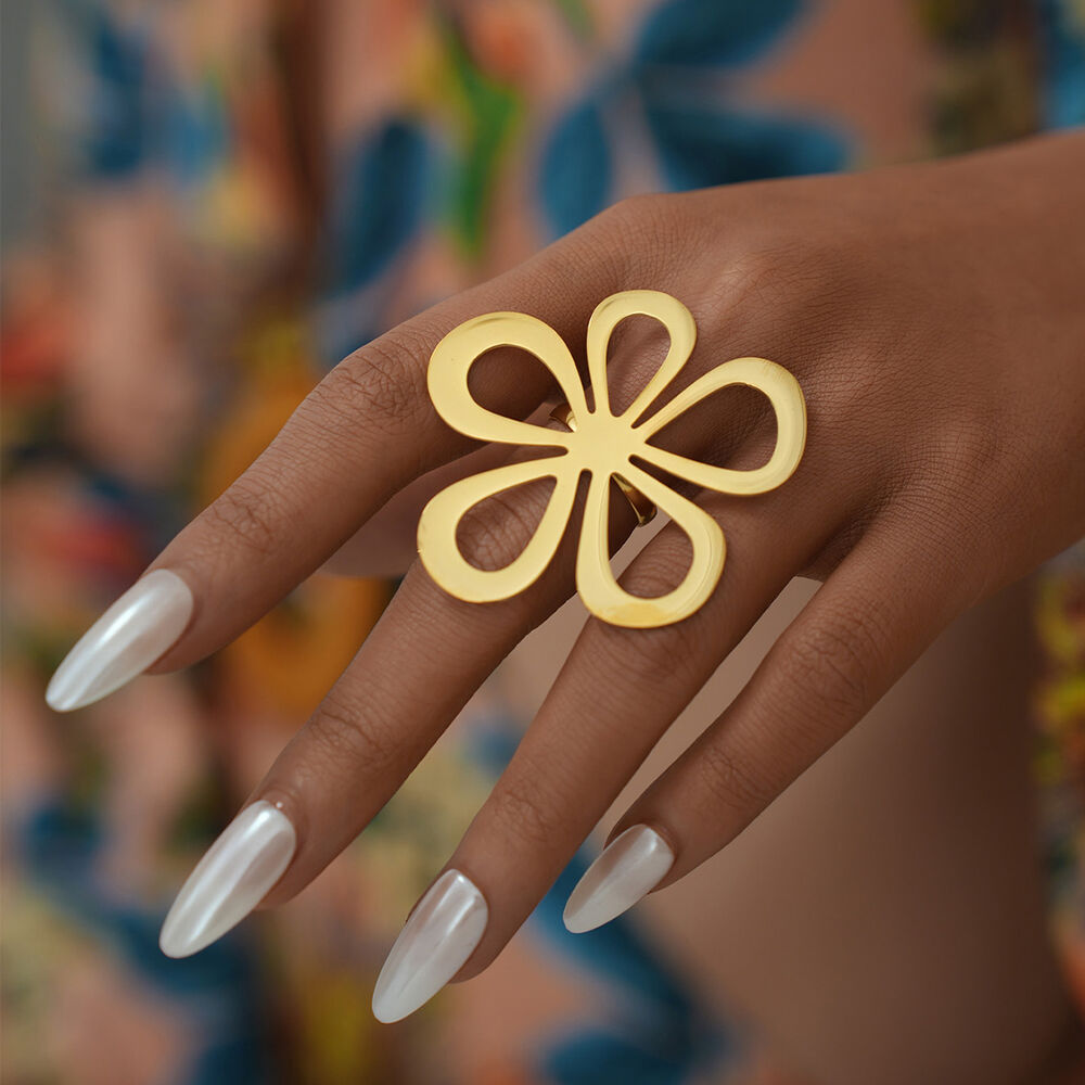 1 stuk Retro Flower roestvrij staal goudkleurige dames statement ringen h5Afbeelding7