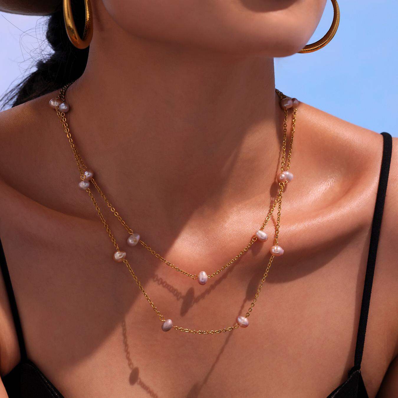 1 Piece Classic Irregular Pearl Shape Stainless Steel Waterproof Gold Color Women's Chain Necklaces