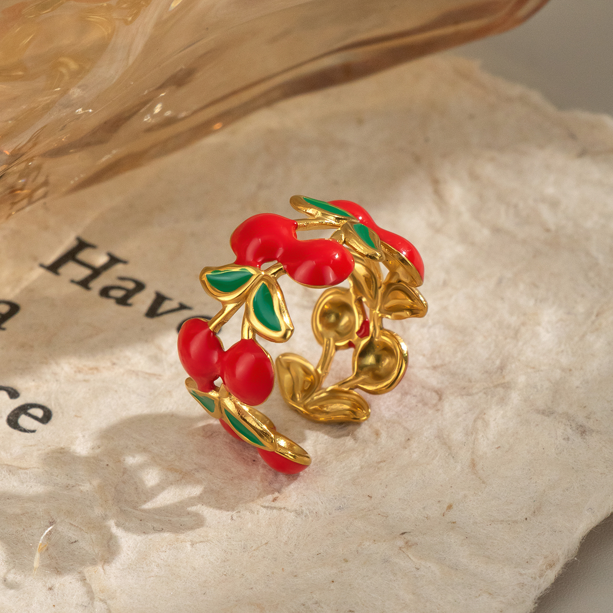 1 Piece Romantic Series Sweet Cherry Stainless Steel Waterproof Gold Color Statement Rings h5 Picture4