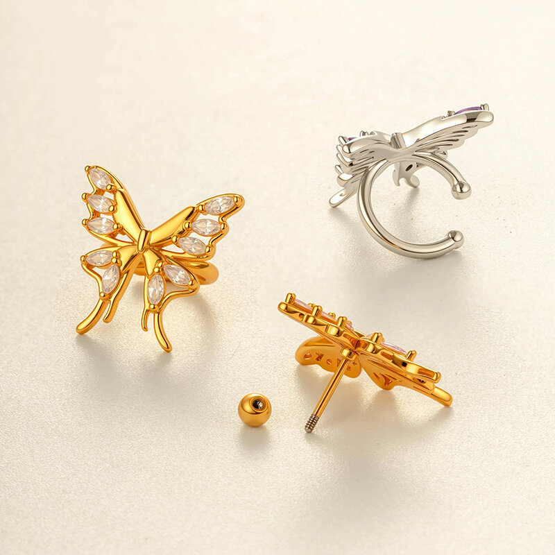 1 Piece Butterfly Copper Gold Color  Zircon Piercing Earring 2