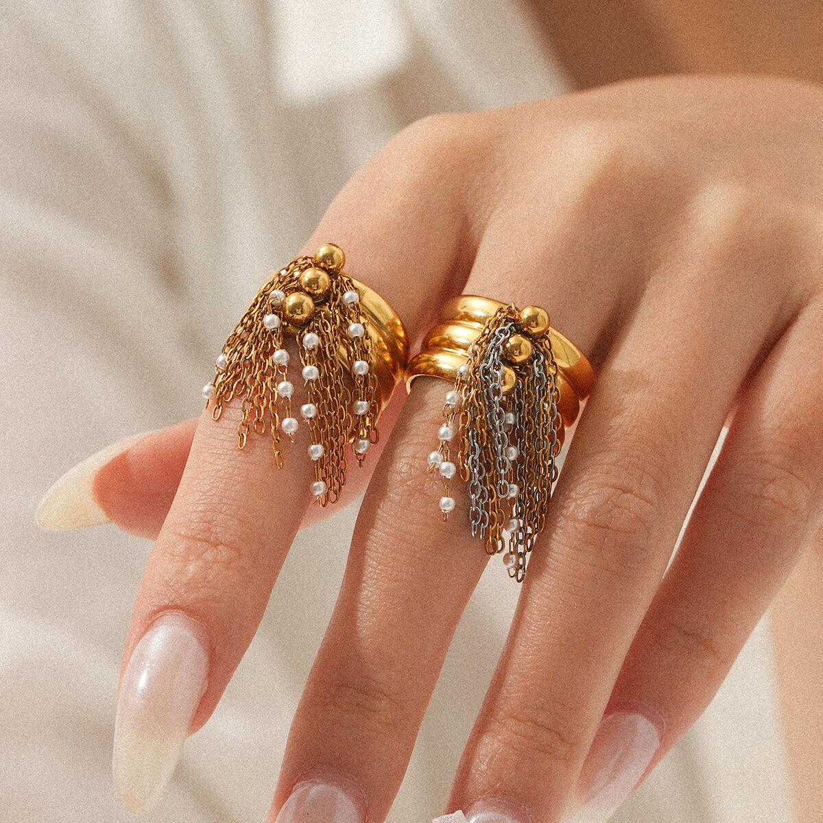 1 Piece Chic Daily Tassel Stainless Steel Waterproof Gold Color Pearl Statement Rings