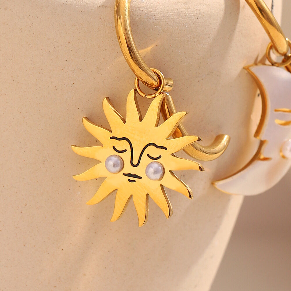 1 Pair Sun&Moon Stainless Steel Waterproof Gold Color Shell Drop Earrings h5Picture5