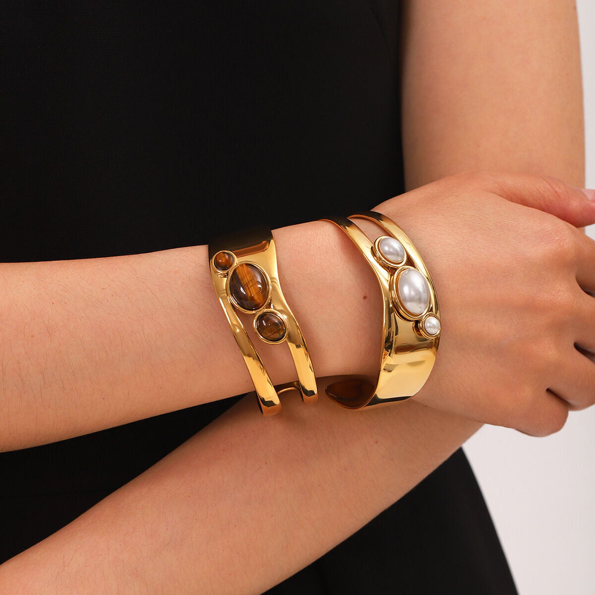 1 Pair Simple Series Daily Stainless Steel Waterproof Gold Color Pearl Women's Bangles 2