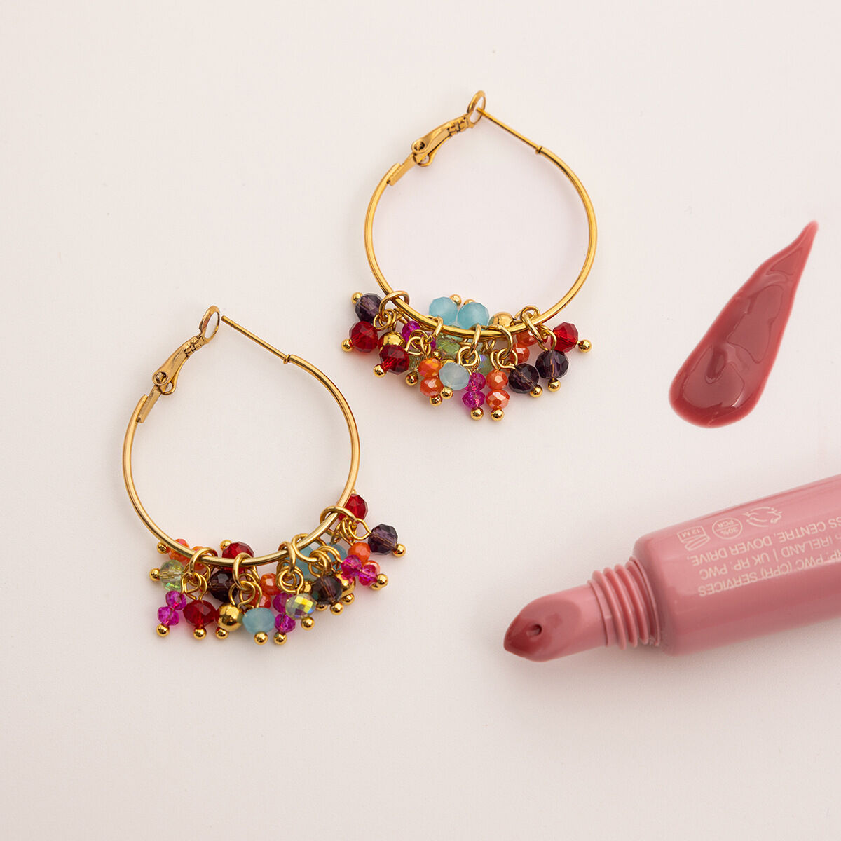 1 Pair Luxurious Series Polychrome Beads Stainless Steel Waterproof Gold Color Women's Hoop Earrings Picture4