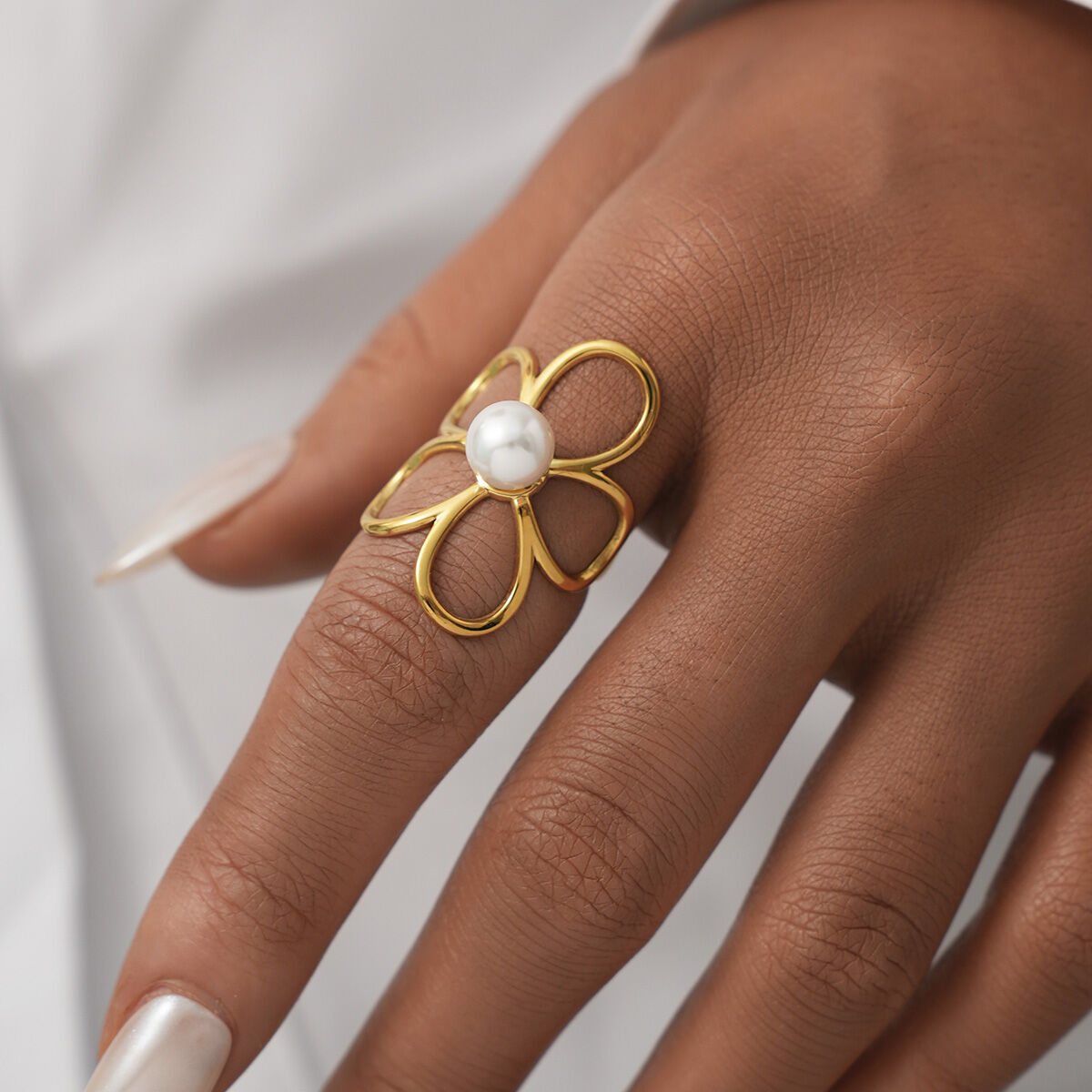 1 Piece Simple  Elegant Flower Stainless Steel Waterproof  Gold Color  Statement Rings Picture3
