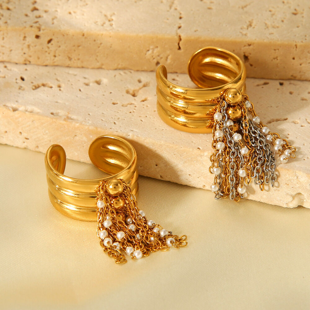 1 Piece Chic Daily Tassel Stainless Steel Waterproof Gold Color Pearl Statement Rings Picture6
