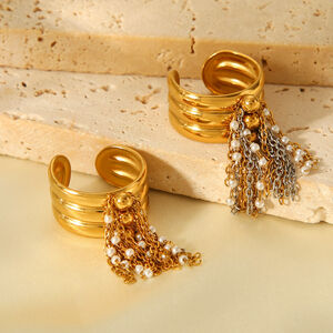 1 Piece Chic Daily Tassel Stainless Steel Waterproof Gold Color Pearl Statement Rings h5 Picture6